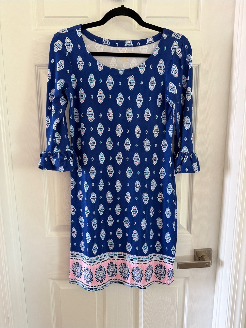 Lilly Pulitzer Blue Patterned Scoop Neck Dress with Pink Border